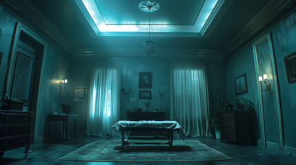 A cinematic still of a dimly lit mortuary room with a body covered on the table.