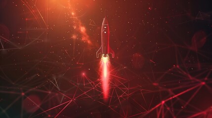 Space rocket taking off from futuristic polygonal red lines and glowing stars for banner, poster, greeting card. AI generated