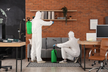 Professional workers disinfecting in office, back view