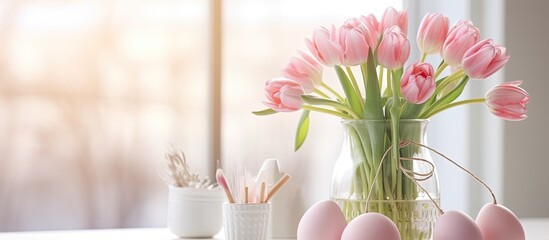 A creative flower arrangement of pink tulips and Easter eggs on a table