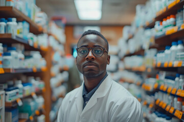 A pharmacist in white coat stands between shelves of medications in a pharmacy, looking at the camera.