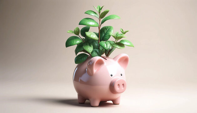 A light pink piggy bank with a green plant growing vigorously out of the coin slot.