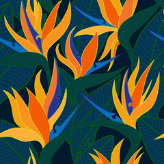 Vector seamless floral pattern with herbaceous plant of strelitzia. Watercolor illustration of plant of bird-of-paradis. For fabric, textile, wrapping paper, cover, package. Flowers and tropical leave