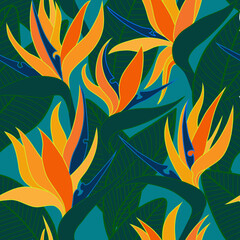 Vector seamless floral pattern with herbaceous plant of strelitzia. Watercolor illustration of plant of bird-of-paradis. For fabric, textile, wrapping paper, cover, package. Flowers and tropical leave