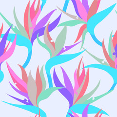 Vector seamless floral pattern with herbaceous plant of strelitzia. Watercolor illustration of plant of bird-of-paradis. For fabric, textile, wrapping paper, cover, package. Flowers and tropical leave