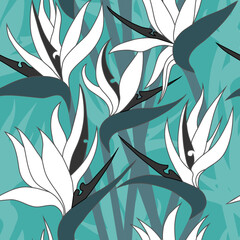 Vector seamless floral pattern with herbaceous plant of strelitzia. Watercolor illustration of plant of bird-of-paradis. For fabric, textile, wrapping paper, cover, package. Flowers and tropical leave
