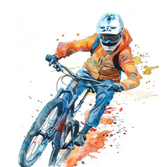 Fototapeta premium Minimalistic watercolor illustration of mountain biking on a white background, cute and comical.