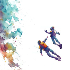 Fototapeta premium Minimalistic watercolor illustration of base jumping on a white background, cute and comical.