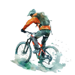 Minimalistic watercolor illustration of mountain biking on a white background, cute and comical. - obrazy, fototapety, plakaty