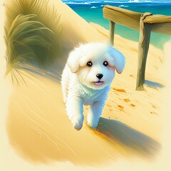 Little white fluffy dog walking on a sandy beach 