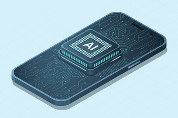 Isometric smartphone with AI. Artificial intelligence and smartphone concept. Smartphone with futuristic artificial intelligence processor