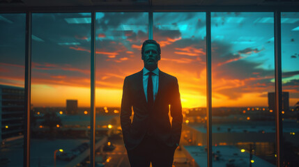 A businessman stands before a window with a sunset cityscape background, captured in a cinematic wide-angle shot.
