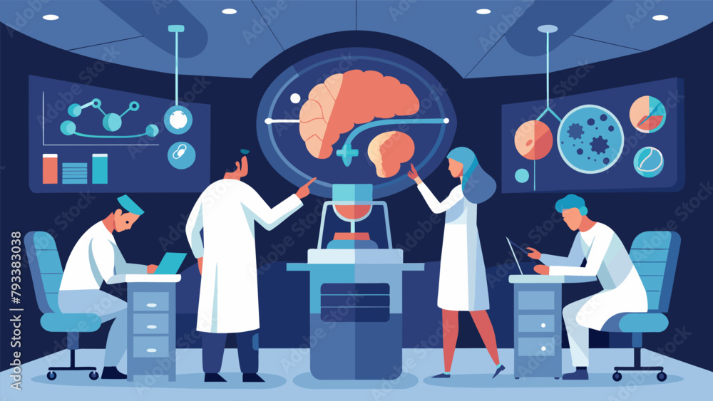 Poster in a sleek modern laboratory a team of experts use tingedge technology to map the neural pathways of
