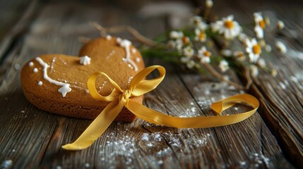 In the rustic charm of a wooden studio setting a delightful macro shot captures a heart shaped gingerbread adorned with a sunny yellow ribbon and delicate flowers