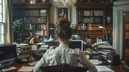 Woman at a vintage desk surrounded by books in a classical library