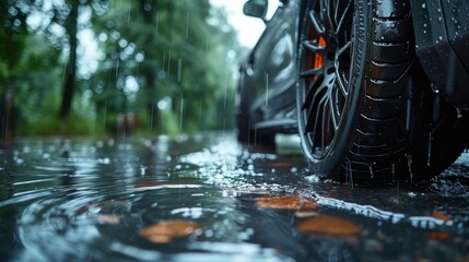 Wet road surface with car tire close-up in rain