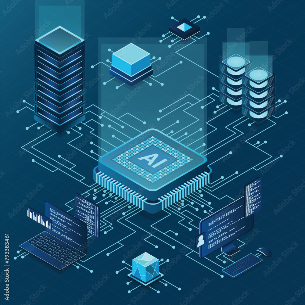 Poster isometric artificial intelligence chip concept. artificial intelligence server. futuristic microchip