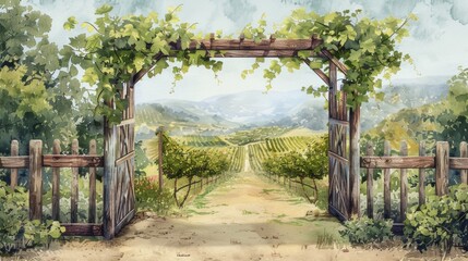 Blank mockup of a charming handdrawn wine vineyard entrance sign with watercolorstyle gs and cursive script. .