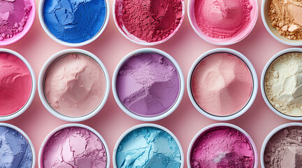 An array of colorful powders. Cosmetics in complementary colors in bowls. Possible graphic asset for cosmetology