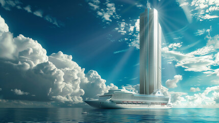 Cruise ship sailing in the ocean near the moden skyscraper building and clouds in the background