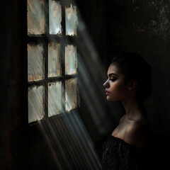 Young woman in a dark room looking in a small old window