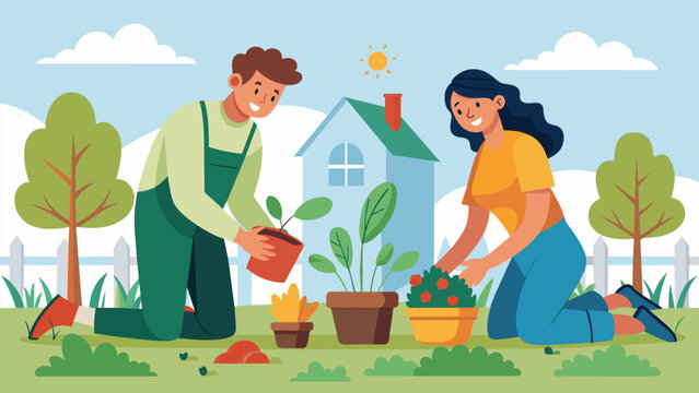 A couple of neighbors eagerly exchanging gardening tips and tricks while tending to their individual plots on the first day of planting season.
