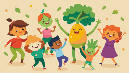 The party ends with a vegetablethemed dance party with songs like The Carrot Conga and The Broccoli Bop getting the kids up and moving to - obrazy, fototapety, plakaty