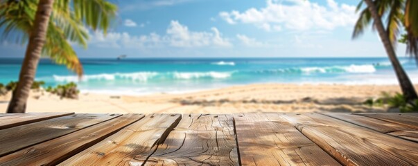 Tropical beach view from wooden table