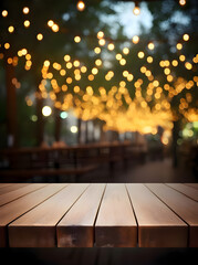 photo wooden table and blurred background of outdoor restaurant with bokeh light