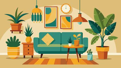 A vintageinspired living room decorated with an array of retro planters containing unique indoor plants such as a dragon tree or a variegated rubber.