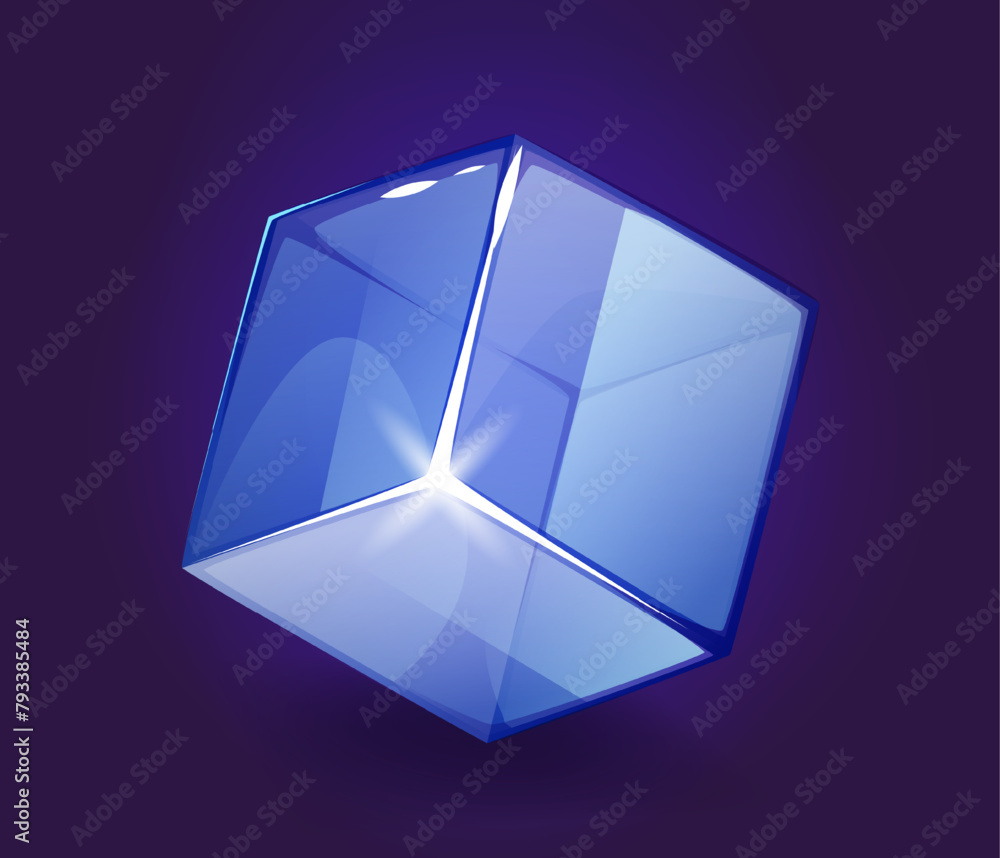 Aufkleber crystal glass cube. geometric translucent figure glowing with neon light with refraction effect. cle