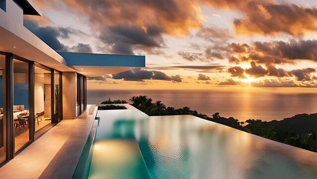 A luxurious home with glass walls overlooks an infinity pool, blending seamlessly with the ocean and sky at sunset