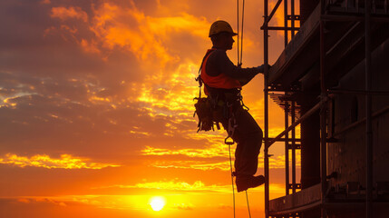 Silhouette of a construction worker with harness hanging on scaffolding against a vibrant sunset sky.