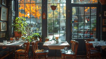 an empty restaurant with beautiful french style decor with european