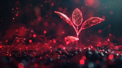 Sprout, plant with leaves growing, from futuristic polygonal red lines and glowing stars for banner, poster, greeting card. AI generated - obrazy, fototapety, plakaty