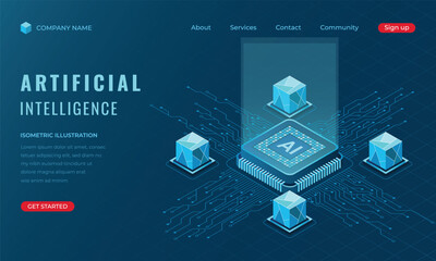 Isometric artificial Intelligence landing page concept. Machine learning technology. Digital technology website landing page. Vector illustration
