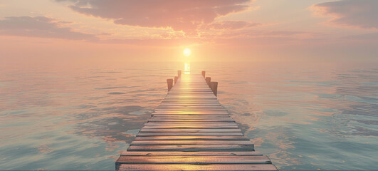 Perspective view of a wooden pier on the sea with an amazing sunset, with reflections on the water....