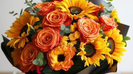 A stunning bouquet featuring vibrant orange roses and bright yellow sunflowers