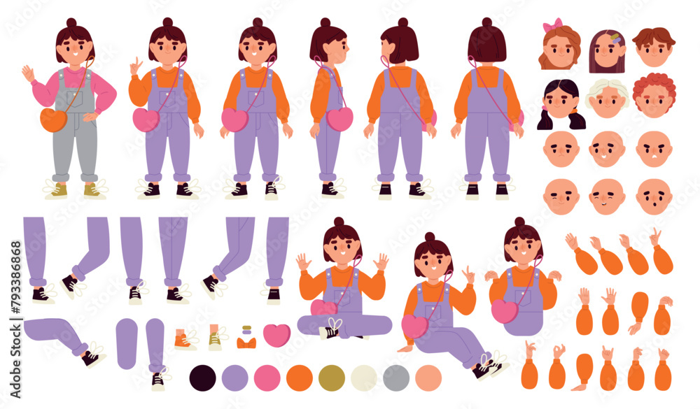 Poster character constructor for animation. charming little girl in stylish clothes. child in different pos