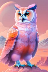 Vibrant and bright and colorful  owl on the mars background , creating by ai generated tools