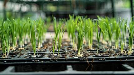 Fototapeta premium Rice seedlings freshly sprouted arranged neatly in the seeding tray