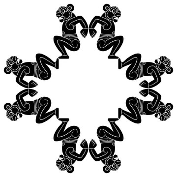 Geometrical ethnic frame with seated anthropomorphic jaguar men. Native American animal design of Totonac Indians from Veracruz, Mexico. Indigenous mythology. Black and white silhouette.