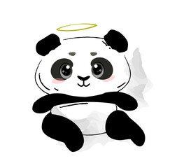 Hand drawn Cute Panda. Doodle poster with adorable baby panda with halo above his head. Icon with black and white asian bear. Cartoon flat vector illustration isolated on white background