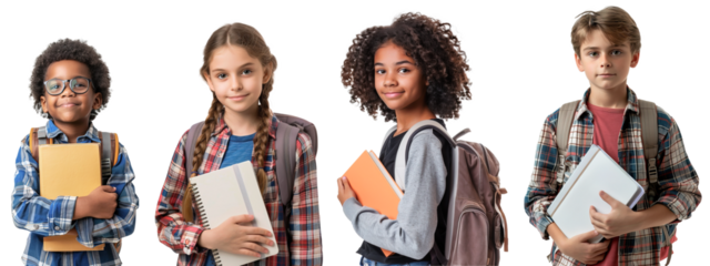 Collection of school boys and girls from different ethnicities holding notebooks ready to go to school. Isolated white transparent background