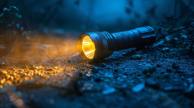 A tactical flashlight lying on a gritty surface, casting a warm light illuminating the night.