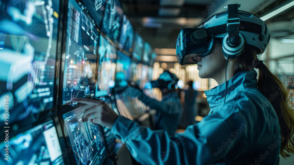 Poster a woman in a blue jacket using a virtual reality headset, touching a high-tech interactive display w