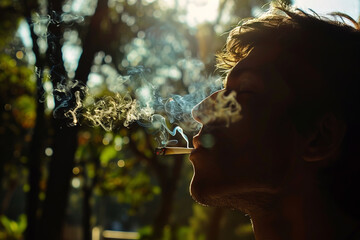 Silhouette side view outdoors portrait of man smoking a roll-up cigarette. Close up image