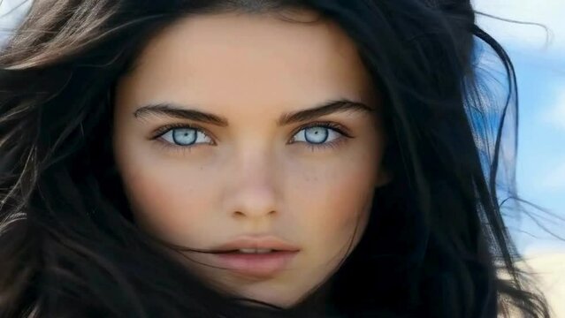 (((Woman, 18 years old, blue eyes, black hair, hair in the wind))) A stunning and photorealistic portrait of an 18-year-old woman with captivating blue eyes and flowing black hair caught in the wind, 