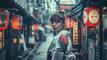 路地裏に立つ和服姿の日本人女性