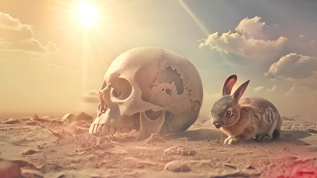 Rabbit Beside Human Skull in Desert Landscape with Ai generated.

